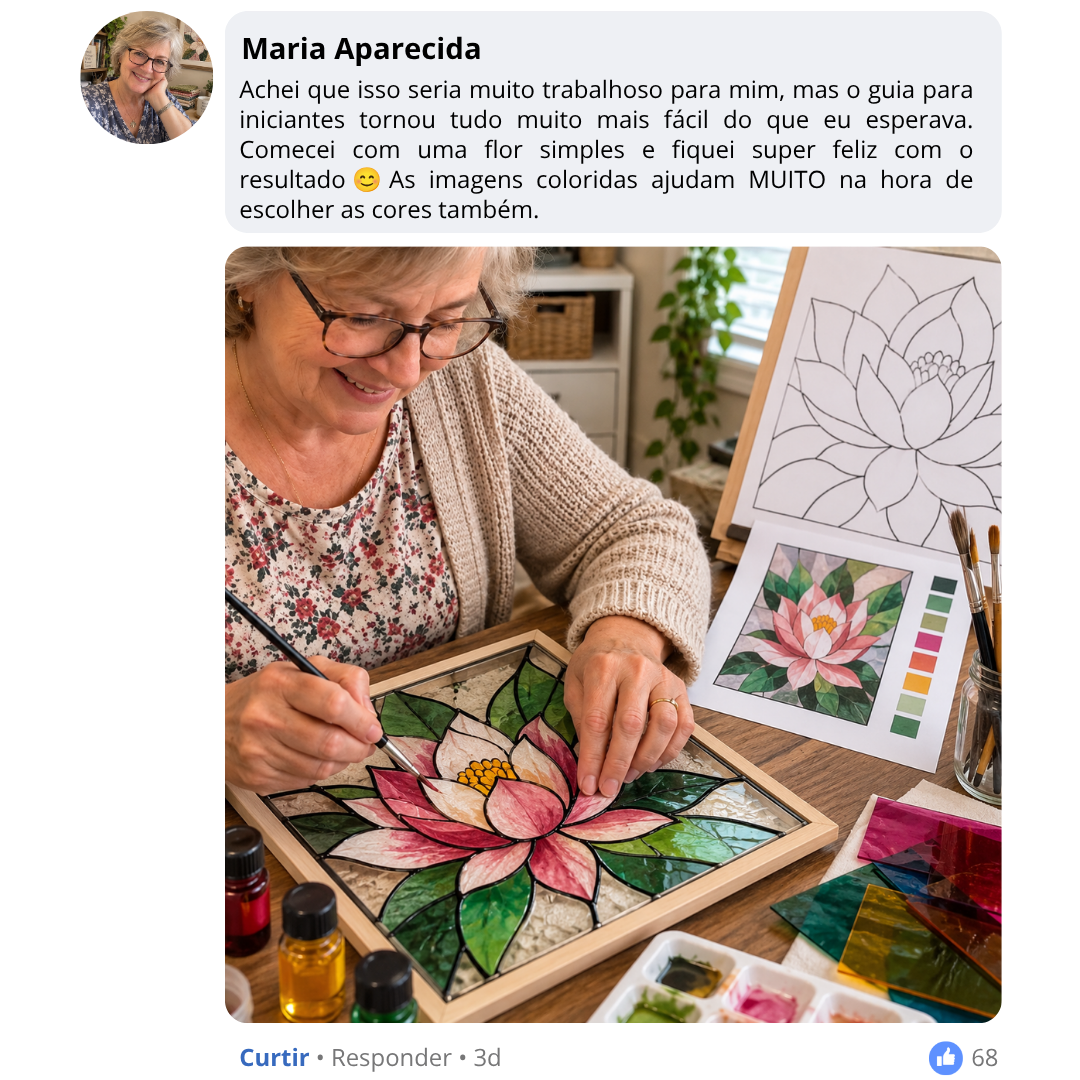 Testemunho de Maria Aparecida sobre começar com uma flor e utilizar as referências coloridas. Na fotografia, pinta um vitral de flor.
