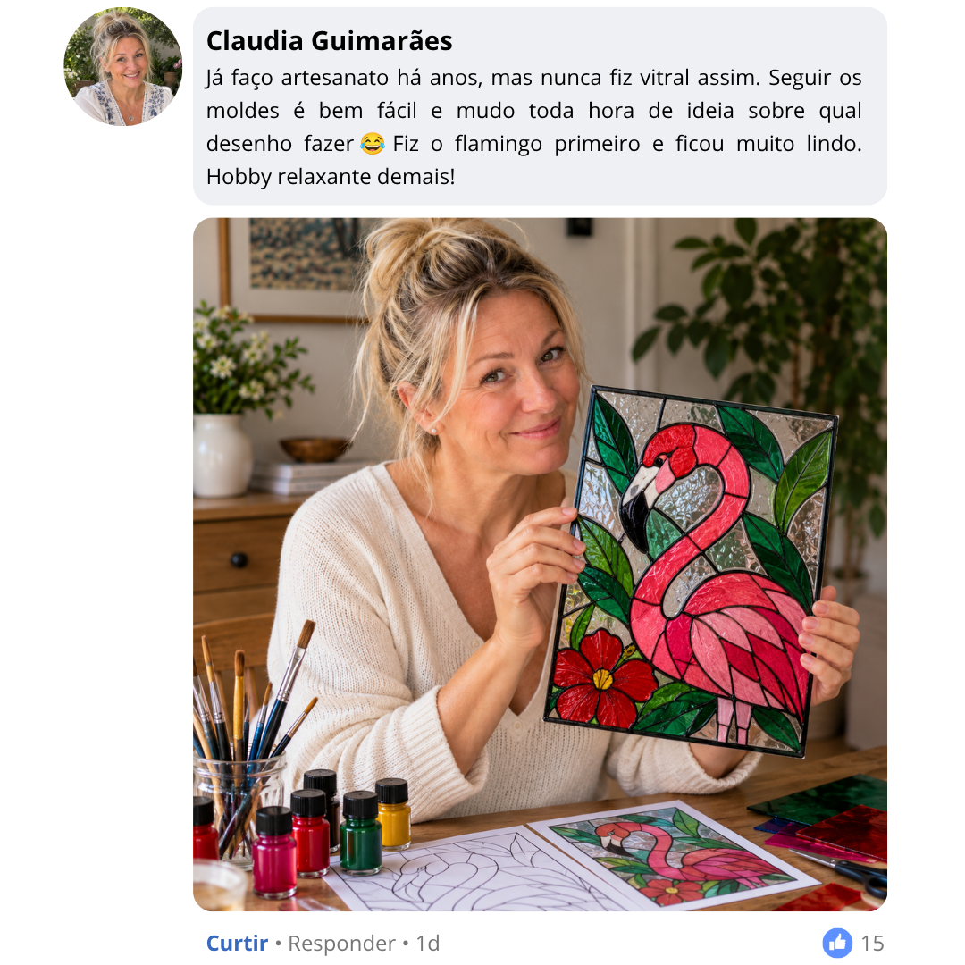 Testemunho de Claudia Guimarães sobre seguir os moldes e criar um flamingo. Na fotografia, segura o seu vitral de flamingo.