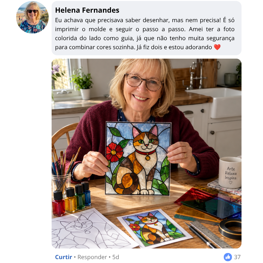 Testemunho de Helena Fernandes sobre imprimir os moldes e combinar cores com as referências. Na fotografia, segura um vitral de gato.