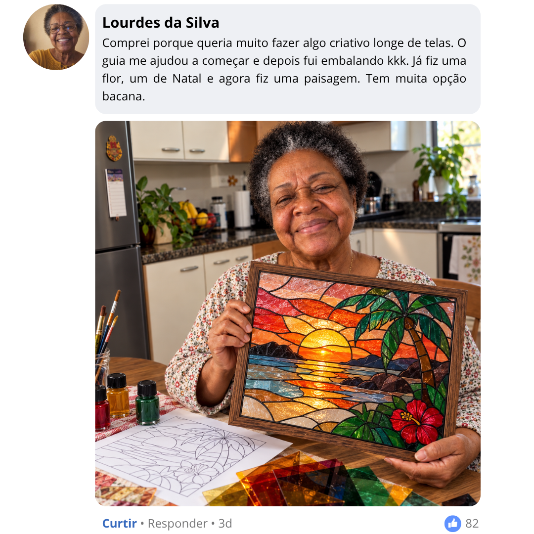 Testemunho de Lourdes da Silva sobre criar longe dos ecrãs e explorar diferentes desenhos. Na fotografia, segura um vitral de paisagem.