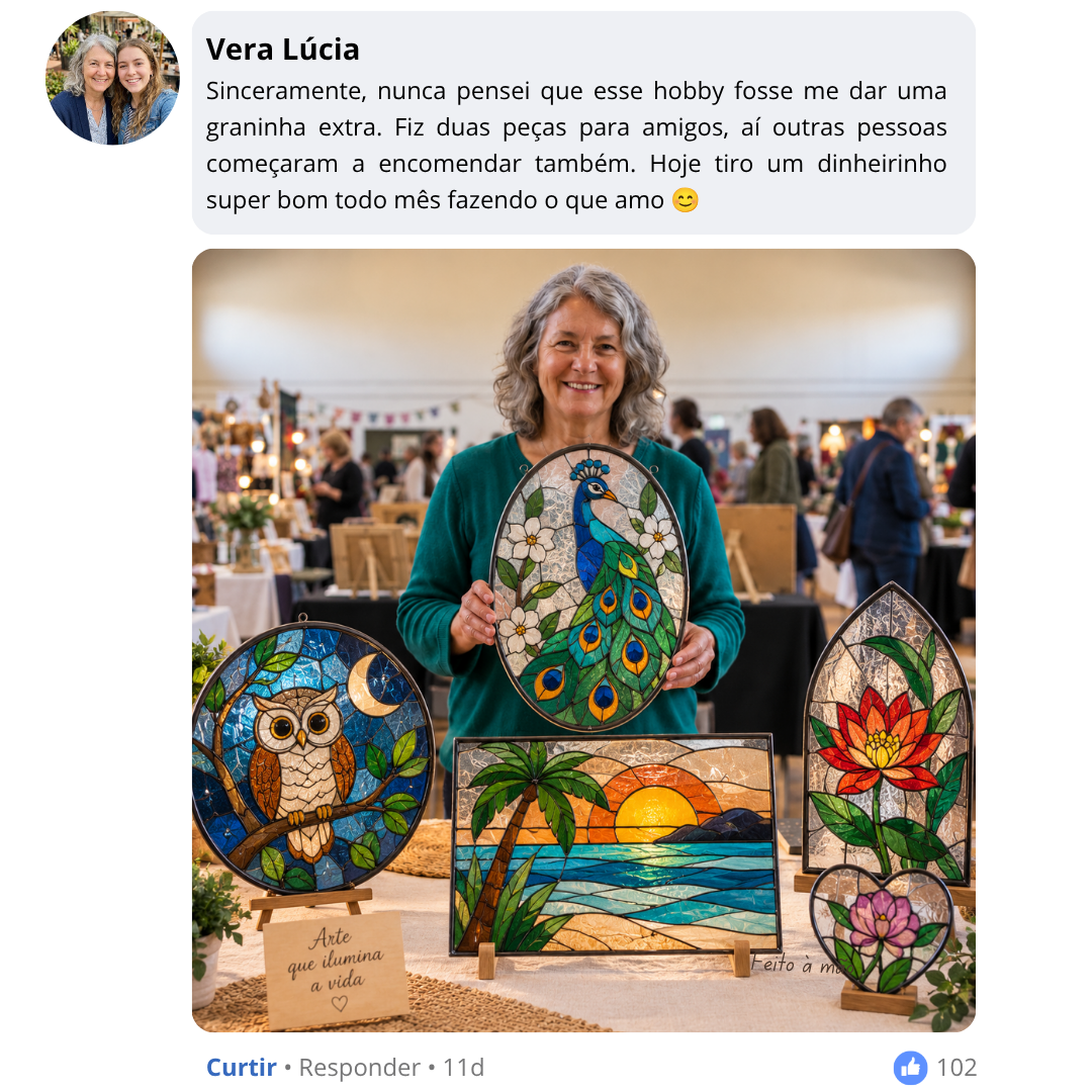 Testemunho de Vera Lúcia sobre produzir peças para amigos e receber encomendas. Na fotografia, apresenta os seus trabalhos em vitral.